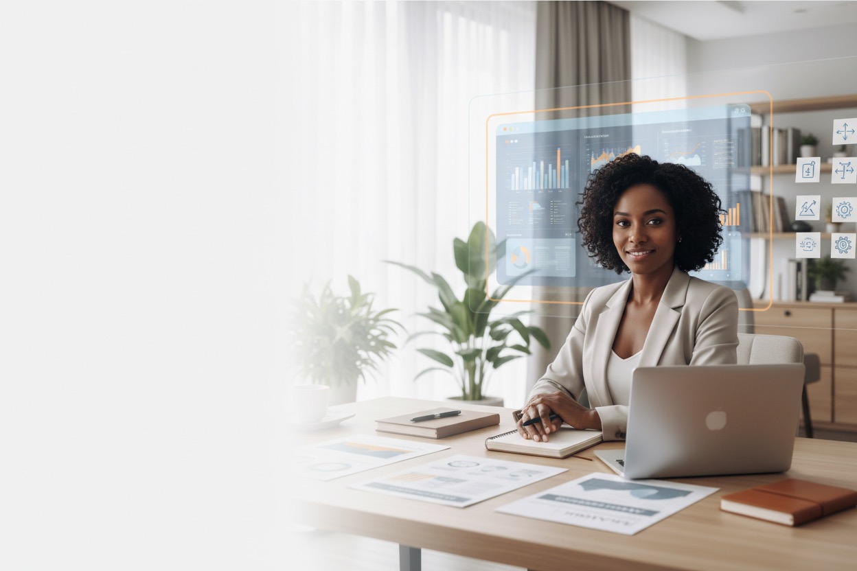 Profissional em ambiente corporativo com notebook e materiais de planejamento, representando consultoria em gestão estratégica e IA aplicada.